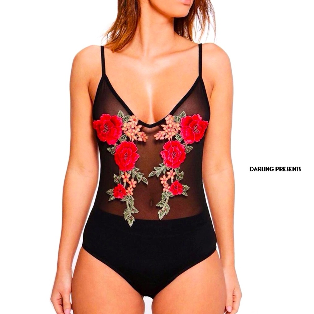 Floral Mesh Bodysuit Women Color Black Size L